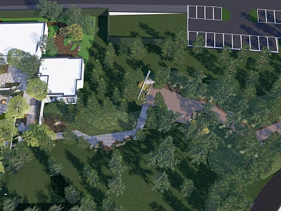 Beautiful Garden Landscape With Green Lawns Trees And Walking Paths 3d model