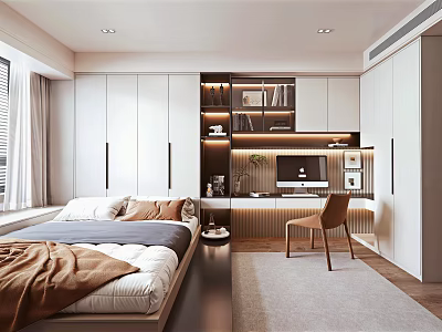 Modern Tatami Bedroom Interior Design With Tatami Bed Desk Chair And Wardrobe 3d model