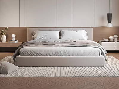 Modern Double Bed Bedroom Interior Design With Gray Headboard White Bedding And Wooden Floor Rug 3d model