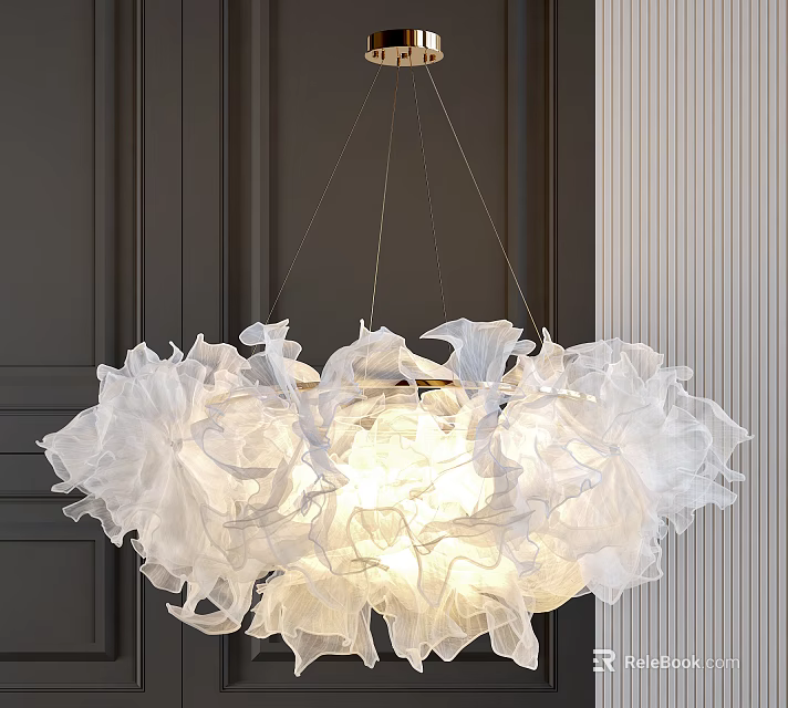 Elegant White Petal Like Fabric Chandelier With Soft Warm Lighting And Dark Wall Background 3d model 