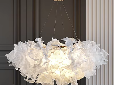 Elegant White Petal Like Fabric Chandelier With Soft Warm Lighting And Dark Wall Background 3d model