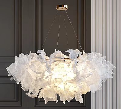 Elegant White Petal Like Fabric Chandelier With Soft Warm Lighting And Dark Wall Background 3d model
