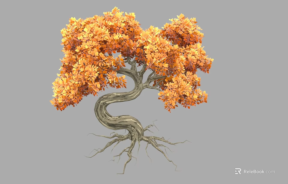 Vibrant Orange Leaf Shrub With Twisted Trunk And Exposed Roots 3d model 