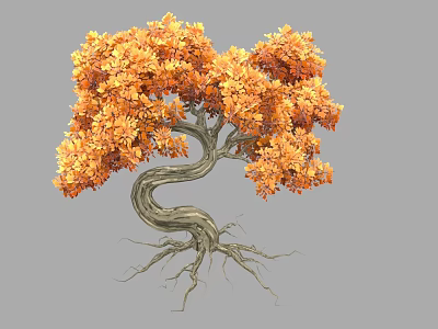 Vibrant Orange Leaf Shrub With Twisted Trunk And Exposed Roots 3d model