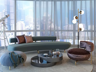 Curved Green Sofa and Round Coffee Table With Brown Cushions Purple Armchair Lamp Cityscape View 3d model