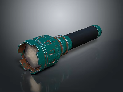 Green Metal Flashlight With Vintage Design Detailed Surface And Black Grip For Tactical Use 3d model