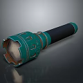 Green Metal Flashlight With Vintage Design Detailed Surface And Black Grip For Tactical Use