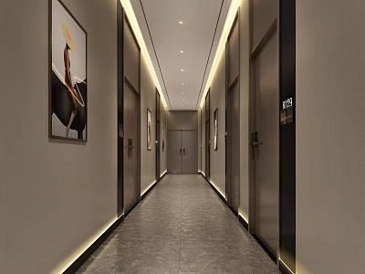 Modern Hotel Corridor Interior With Recessed Lighting And Guest Room Doors 3d model