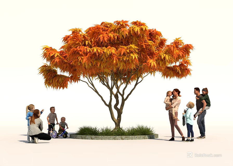 Beautiful Orange Red Leaf Tree With Families Enjoying Outdoor Activities On Green Lawn 3d model 