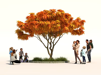 Beautiful Orange Red Leaf Tree With Families Enjoying Outdoor Activities On Green Lawn 3d model