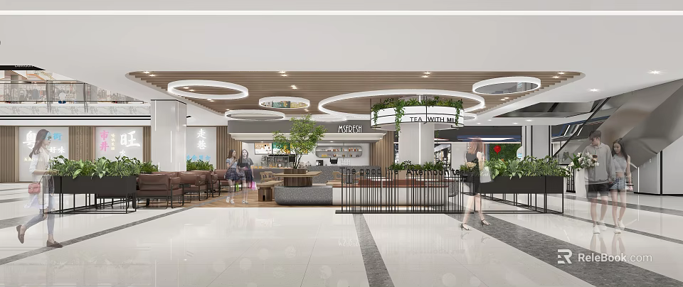 Modern Shopping Mall Lobby With Circular Ceiling Decor Green Plants Marble Flooring And Seating Area 3d model 