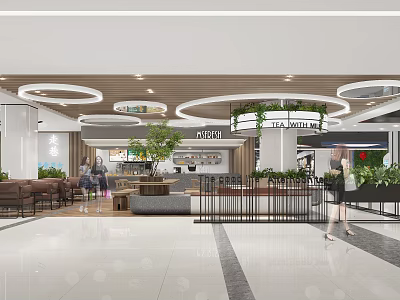 Modern Shopping Mall Lobby With Circular Ceiling Decor Green Plants Marble Flooring And Seating Area 3d model