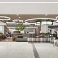 Modern Shopping Mall Lobby With Circular Ceiling Decor Green Plants Marble Flooring And Seating Area