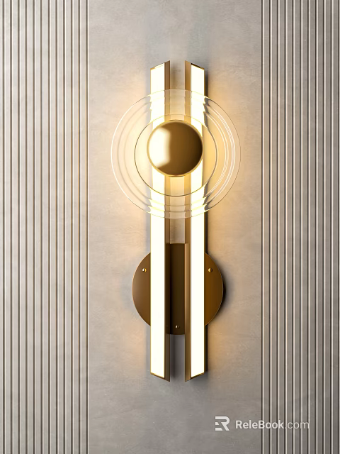 Modern Contemporary Wall Sconce With Circular Brass Design Illuminated On Textured Wall 3d model 