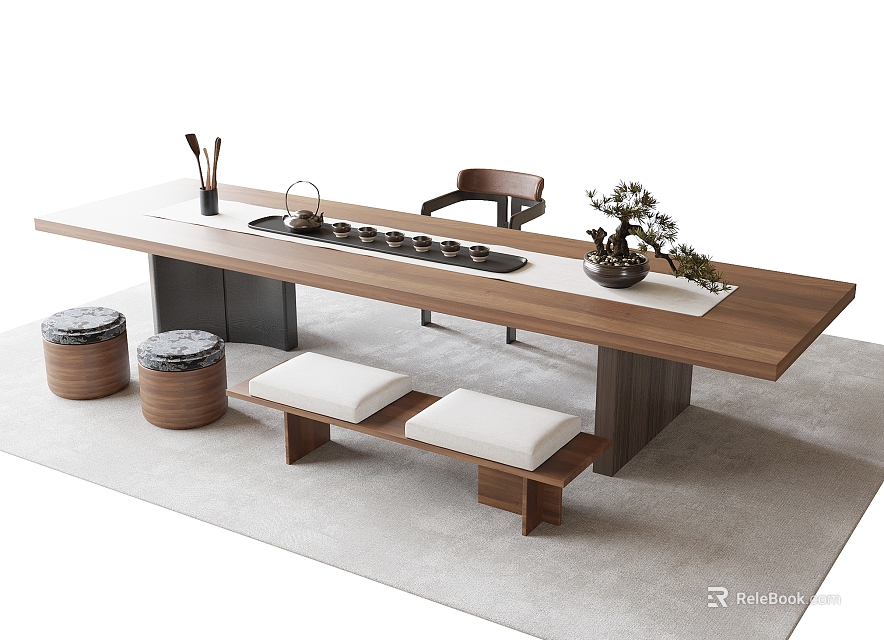 Modern Wooden Tea Table And Chairs With Tea Set Potted Plant Round Stools And Bench 3d model 