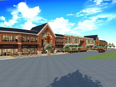 Modern Commercial Street With Brick Buildings Shops Outdoor Seating And Parking Area 3d model