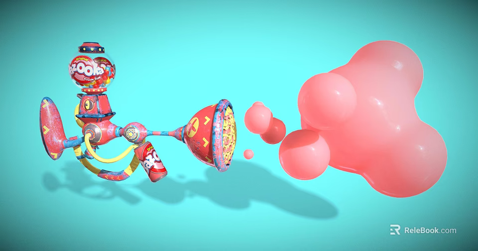 Cartoon Style Red Mechanical Device Creating Pink Bubbles Against Light Blue Background 3d model