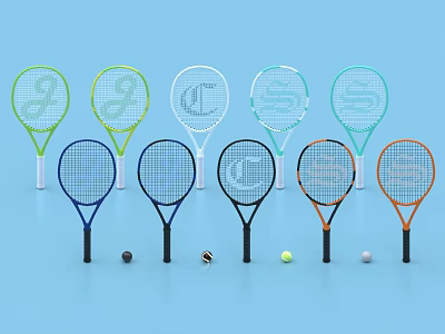 Colorful Tennis Rackets And Balls Arranged On Light Blue Background 3d model