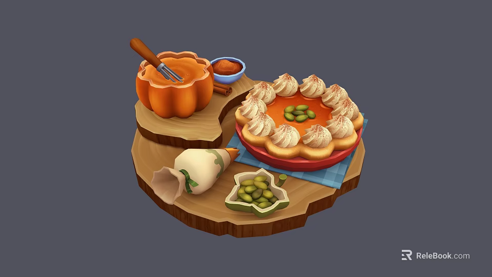 Delicious Pumpkin Pie With Whipped Cream And Green Toppings On Wooden Tray 3d model 