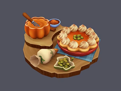 Delicious Pumpkin Pie With Whipped Cream And Green Toppings On Wooden Tray 3d model