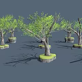 Cartoon Scene Featuring Green Leaf Trees And Mossy Stone Bases 3d model