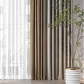 Modern Gray And Beige Curtains With Sheer White Layer And Indoor Plant On Wooden Floor