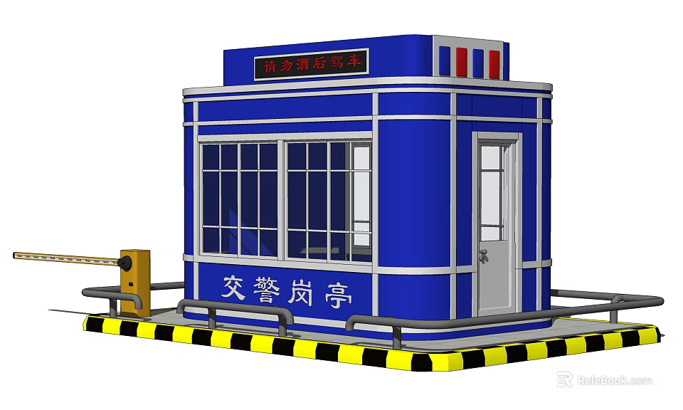 Blue Traffic Police Booth Building With Windows Door And Yellow Black Stripes 3d model 
