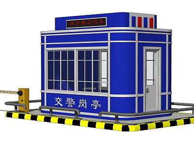 Blue Traffic Police Booth Building With Windows Door And Yellow Black Stripes 3d model