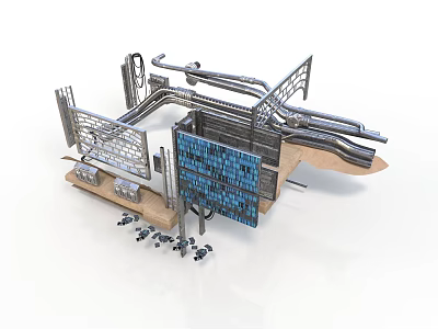 Industrial Machinery Structure With Metal Pipes Frame Blue Control Panel And Scattered Parts 3d model