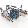 Industrial Machinery Structure With Metal Pipes Frame Blue Control Panel And Scattered Parts