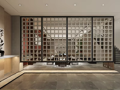 Tea House Interior Featuring Traditional Chinese Lattice Doors And Wooden Furniture 3d model