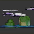 3D Rendered Cartoon Scene With Green Rock Formations And Transparent Floating Elements On Blue Circular Base