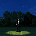 Serene Night Landscape With Starry Sky Green Meadow Standing Person And Tall Trees