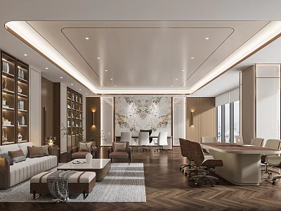 Modern Office Interior Design With Herringbone Flooring Built in Bookshelves And Artwork 3d model