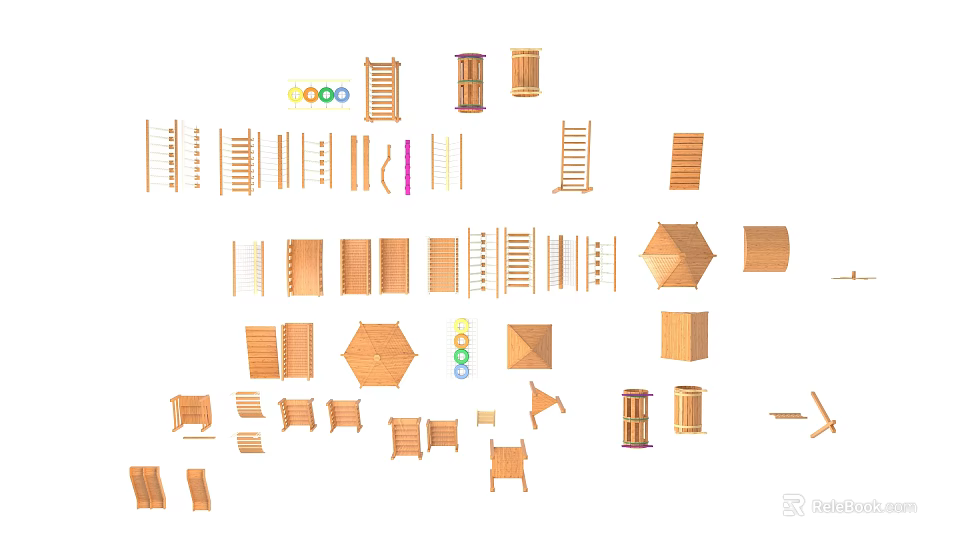 Wooden Playground Equipment With Modular Components And Colorful Kids Play Structures 3d model 