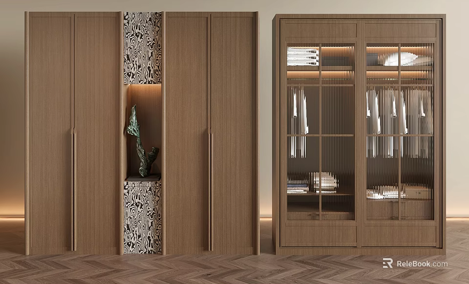 Modern Wooden Wardrobe Interior With Glass Doors And Display Shelves For Clothes 3d model 