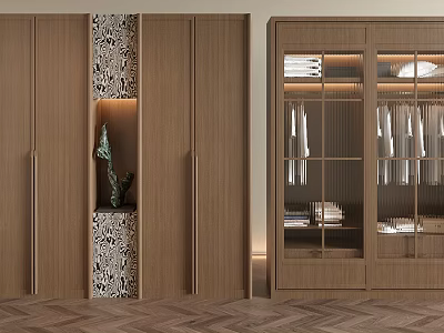 Modern Wooden Wardrobe Interior With Glass Doors And Display Shelves For Clothes 3d model