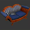 Two Seater Sofa With Red Frame Blue Cushions And Blue White Striped Pillows