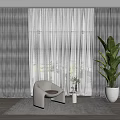 Dark Striped Curtains With Window Blinds Chair And Plant In Modern Living Room