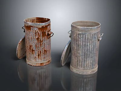 Two Metal Trash Cans With Rusted And Silver Striped Designs And Open Lids 3d model