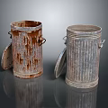 Two Metal Trash Cans With Rusted And Silver Striped Designs And Open Lids