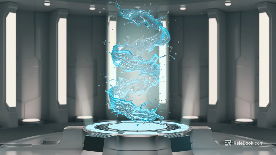 Modern Sci Fi Laboratory With Floating Blue Water Form On Circular Platform 3d model