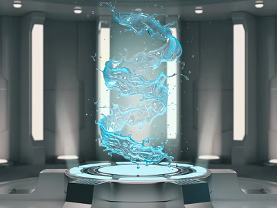 Modern Sci Fi Laboratory With Floating Blue Water Form On Circular Platform 3d model
