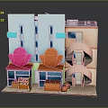 Colorful Food Shop Model Featuring Pink Orange Roofs And Display Baskets
