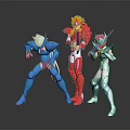 Game and Movie Characters in Blue Red and White Armor with Weapons and Dynamic Poses