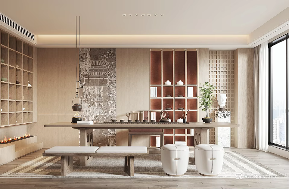 Elegant Tea Room Interior With Wooden Table Tea Sets Decorative Shelves And Potted Plants 3d model 