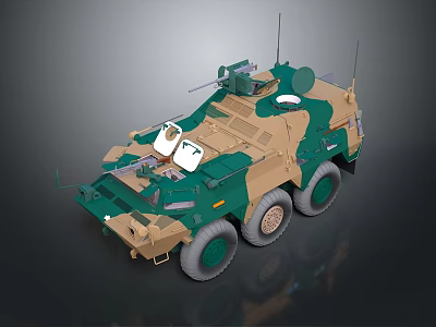 Military Weapon Mounted Armored Vehicle Featuring Camouflage Paint Six Wheel Antenna And Windows 3d model