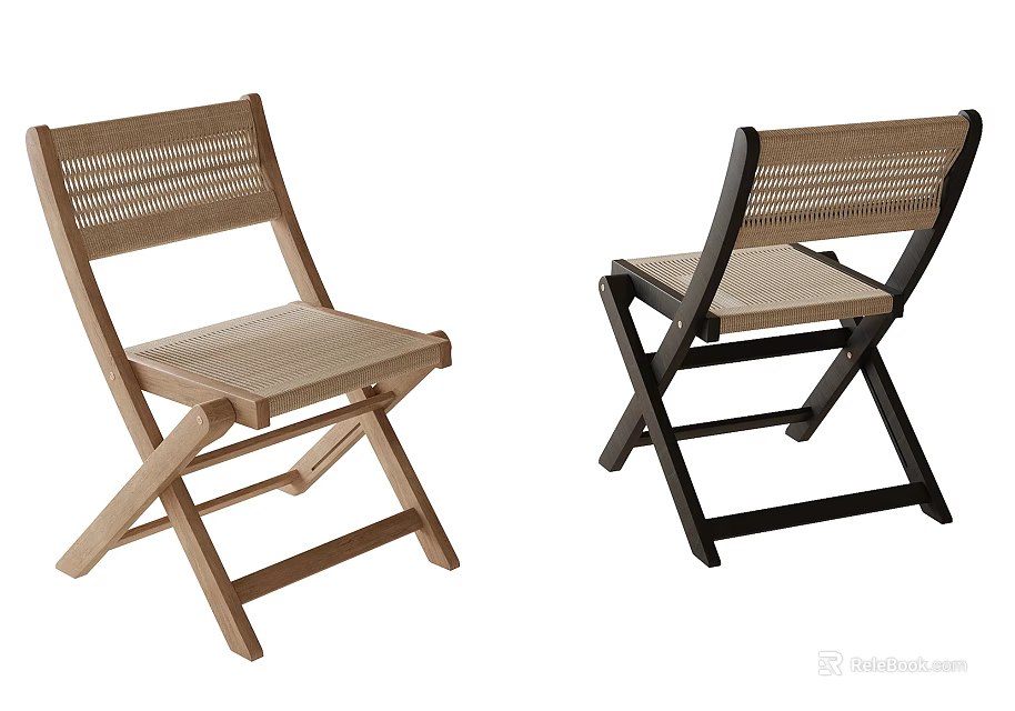 Stylish Folding Single Chairs With Light Dark Wood And Woven Seat Backrest 3d model 