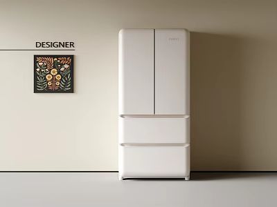 Designer White Multi Door Refrigerator With Drawer Design And Decorative Painting In Minimalist Room 3d model