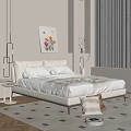 Modern Bedroom Interior With White Bed Decorative Painting Pendant Lights And Window Curtains